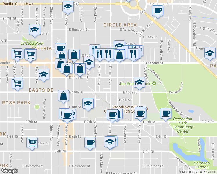 map of restaurants, bars, coffee shops, grocery stores, and more near 1031 Termino Avenue in Long Beach
