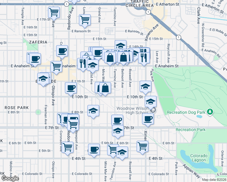 map of restaurants, bars, coffee shops, grocery stores, and more near 1031 Termino Avenue in Long Beach