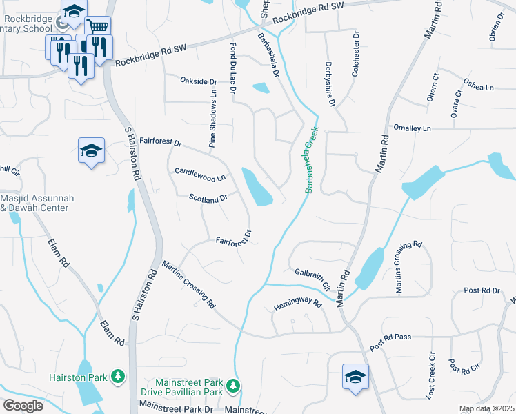 map of restaurants, bars, coffee shops, grocery stores, and more near 5000 Fairforest Drive in Stone Mountain