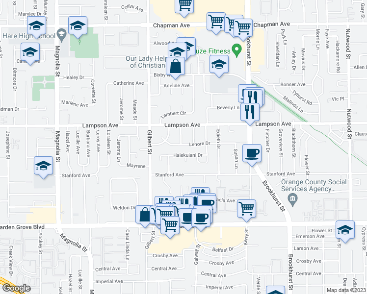 map of restaurants, bars, coffee shops, grocery stores, and more near 9662 Lenore Drive in Garden Grove
