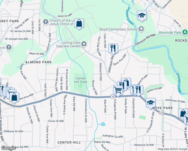 map of restaurants, bars, coffee shops, grocery stores, and more near 903 Wood Street Northwest in Atlanta