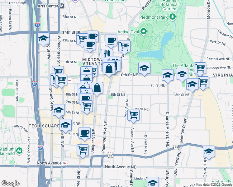 map of restaurants, bars, coffee shops, grocery stores, and more near 921 Myrtle Street Northeast in Atlanta