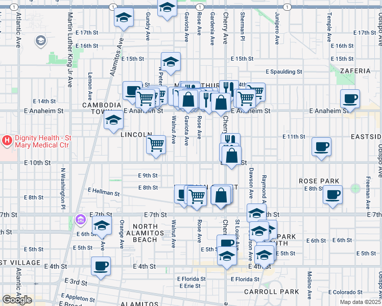 map of restaurants, bars, coffee shops, grocery stores, and more near 1054 Minerva Park in Long Beach