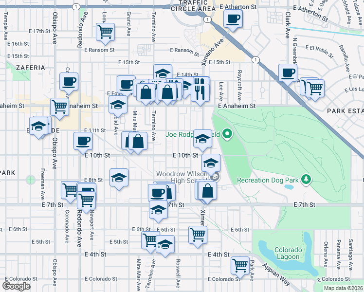 map of restaurants, bars, coffee shops, grocery stores, and more near 1038 Roswell Avenue in Long Beach