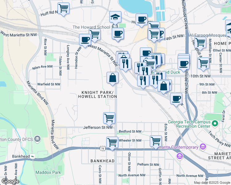 map of restaurants, bars, coffee shops, grocery stores, and more near 900 Joseph E. Lowery Boulevard Northwest in Atlanta