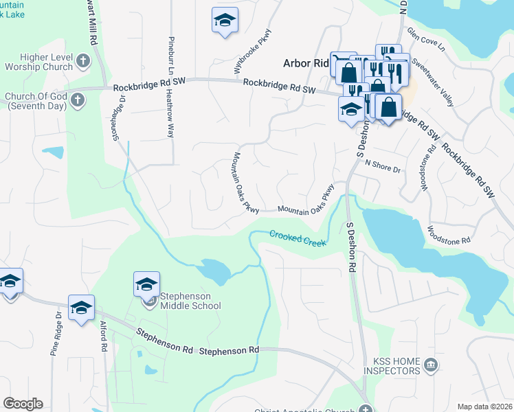 map of restaurants, bars, coffee shops, grocery stores, and more near 700 Mountain Oaks Parkway in Stone Mountain