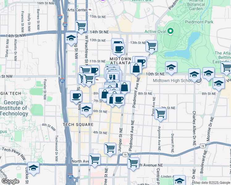 map of restaurants, bars, coffee shops, grocery stores, and more near 915 Peachtree Street Northwest in Atlanta