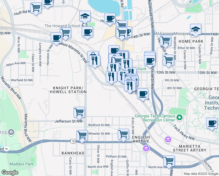 map of restaurants, bars, coffee shops, grocery stores, and more near 788 West Marietta Street Northwest in Atlanta
