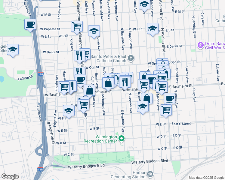 map of restaurants, bars, coffee shops, grocery stores, and more near 703 West Anaheim Street in Los Angeles