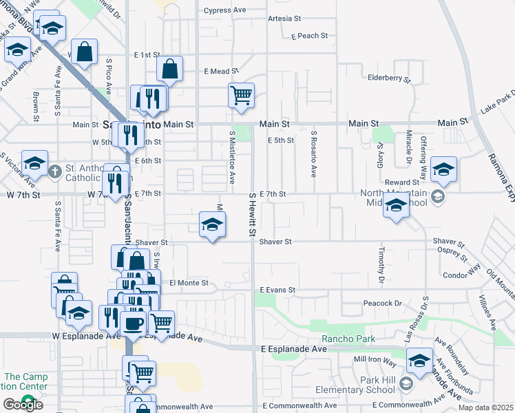map of restaurants, bars, coffee shops, grocery stores, and more near 735 South Hewitt Street in San Jacinto