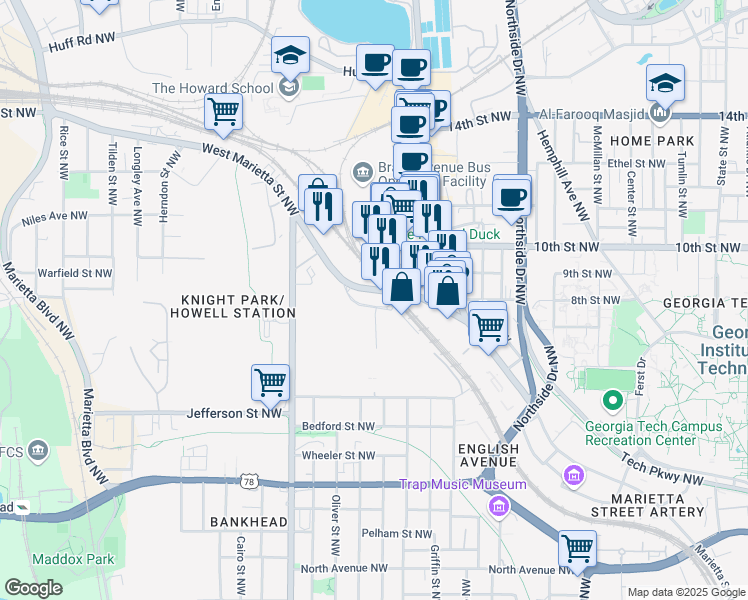 map of restaurants, bars, coffee shops, grocery stores, and more near 788 West Marietta Street Northwest in Atlanta
