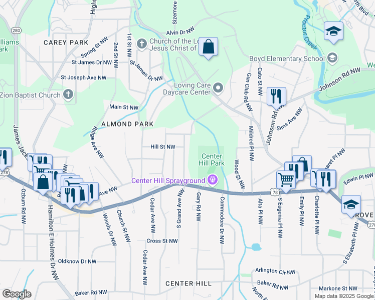 map of restaurants, bars, coffee shops, grocery stores, and more near 895 North Grand Avenue Northwest in Atlanta