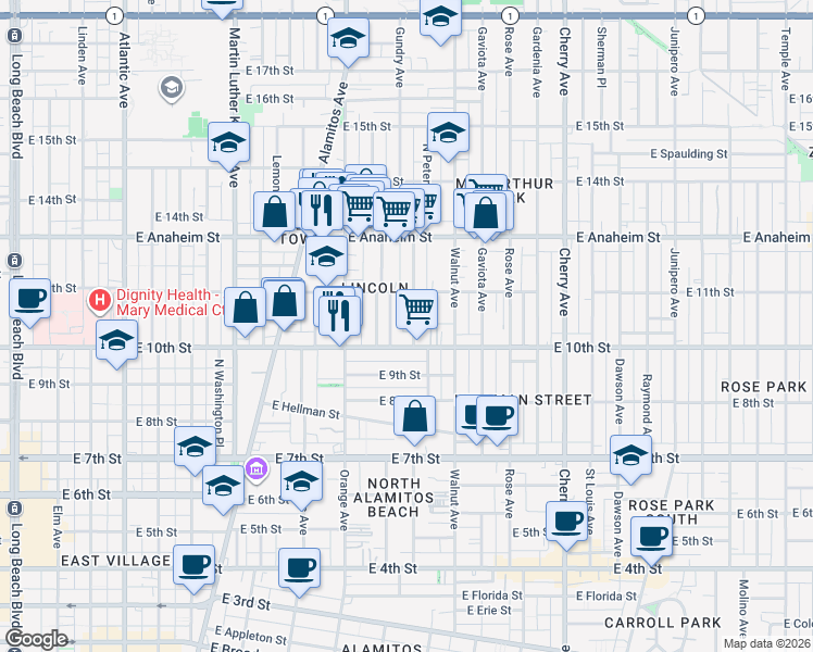 map of restaurants, bars, coffee shops, grocery stores, and more near 1048 Mahanna Avenue in Long Beach