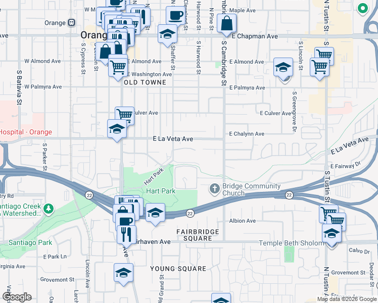 map of restaurants, bars, coffee shops, grocery stores, and more near 555 South Shaffer Street in Orange