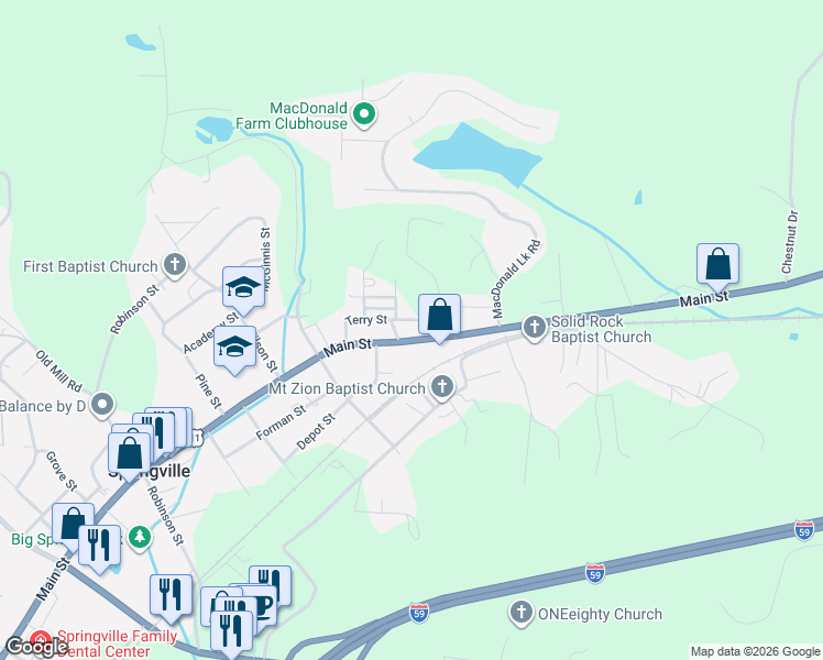 map of restaurants, bars, coffee shops, grocery stores, and more near 7093 U.S. 11 in Springville