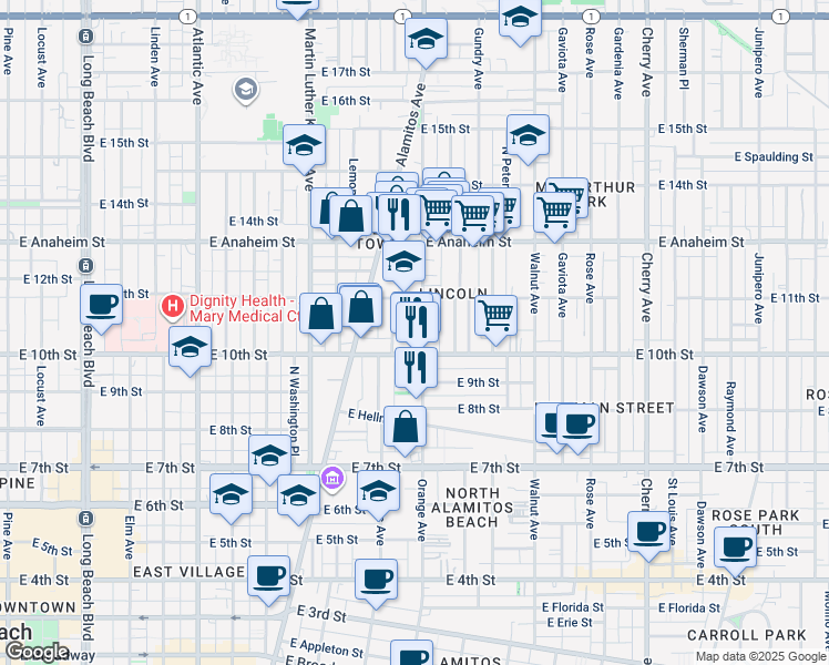 map of restaurants, bars, coffee shops, grocery stores, and more near 1035 Orange Avenue in Long Beach