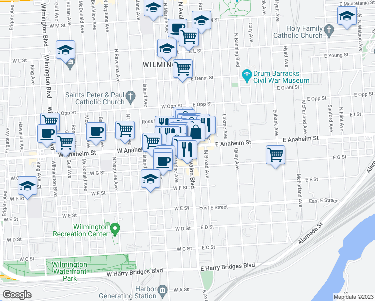 map of restaurants, bars, coffee shops, grocery stores, and more near 104 West Anaheim Street in Los Angeles