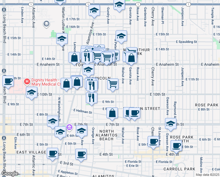 map of restaurants, bars, coffee shops, grocery stores, and more near 1033 Hoffman Avenue in Long Beach