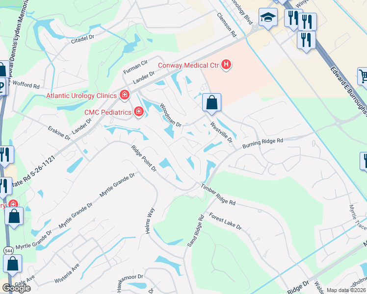 map of restaurants, bars, coffee shops, grocery stores, and more near 106 Cart Crossing Drive in Conway