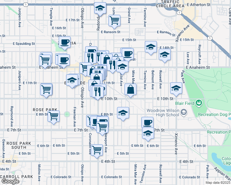 map of restaurants, bars, coffee shops, grocery stores, and more near 1030 Loma Avenue in Long Beach
