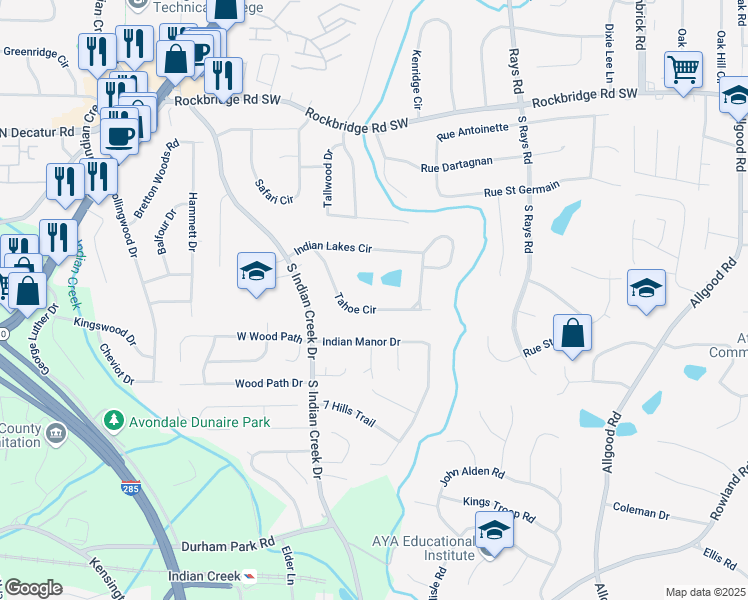 map of restaurants, bars, coffee shops, grocery stores, and more near 622 Tahoe Circle in Stone Mountain