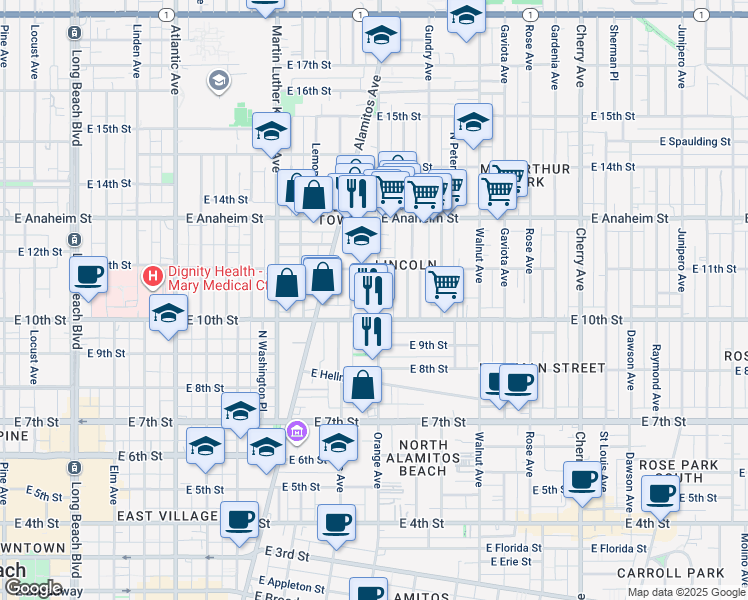 map of restaurants, bars, coffee shops, grocery stores, and more near 1035 Orange Avenue in Long Beach