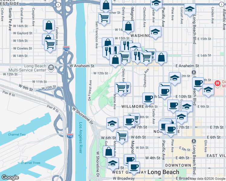 map of restaurants, bars, coffee shops, grocery stores, and more near 1029 Maine Avenue in Long Beach