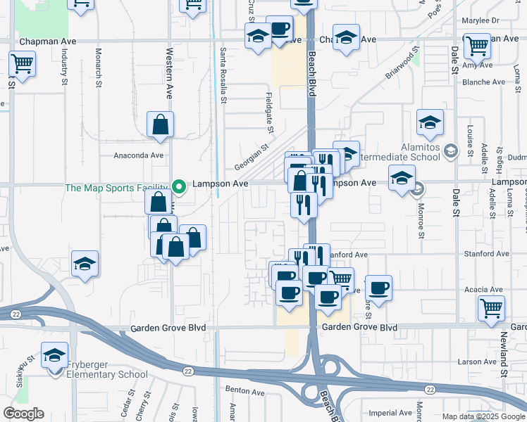 map of restaurants, bars, coffee shops, grocery stores, and more near 12571 Orrway Drive in Garden Grove