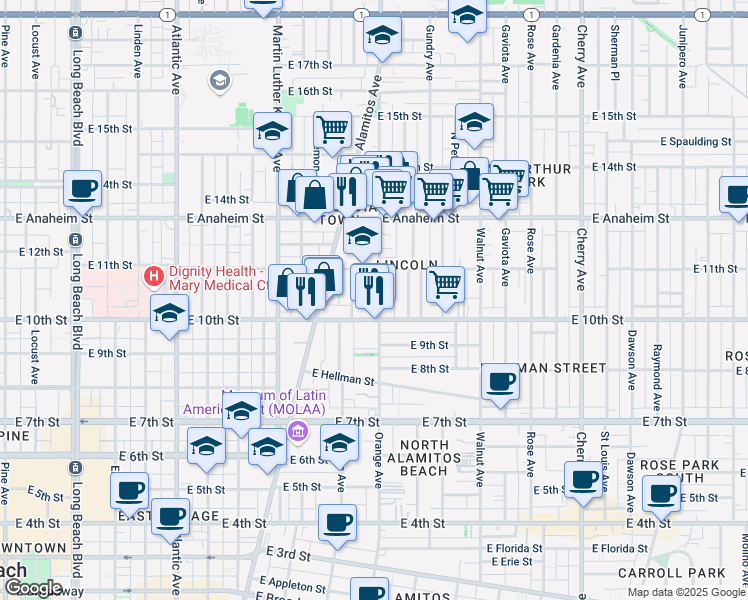 map of restaurants, bars, coffee shops, grocery stores, and more near 1050 Orange Avenue in Long Beach