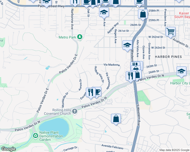 map of restaurants, bars, coffee shops, grocery stores, and more near 26530 Rolling Vista Drive in Lomita