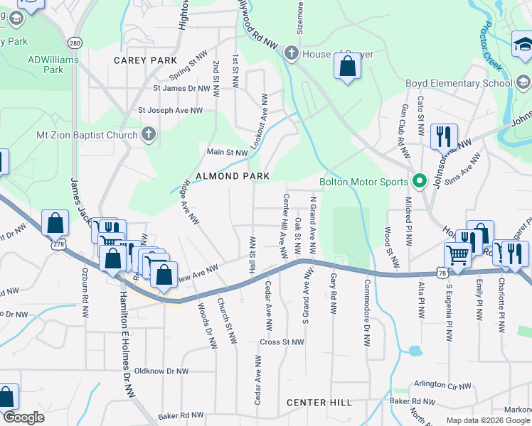 map of restaurants, bars, coffee shops, grocery stores, and more near 2355 Hill Street Northwest in Atlanta