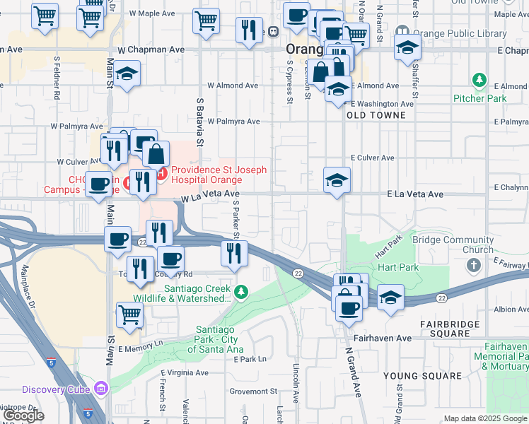 map of restaurants, bars, coffee shops, grocery stores, and more near 531 South La Veta Park Circle in Orange