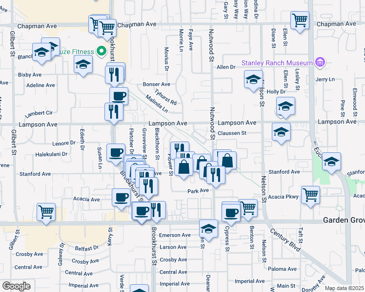map of restaurants, bars, coffee shops, grocery stores, and more near 12581 Shelley Drive in Garden Grove
