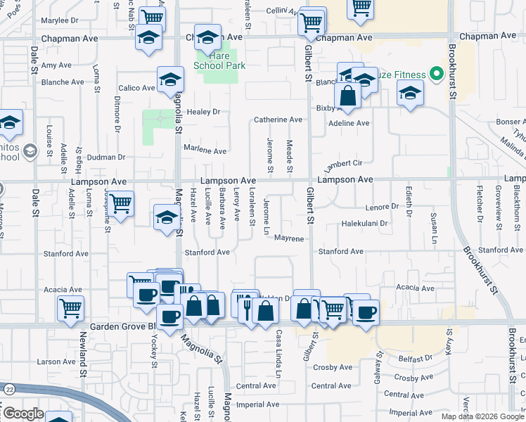 map of restaurants, bars, coffee shops, grocery stores, and more near 12592 Loraleen Street in Garden Grove