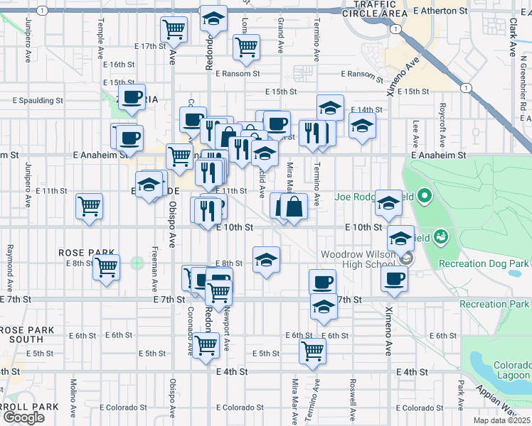 map of restaurants, bars, coffee shops, grocery stores, and more near 1054 Euclid Avenue in Long Beach