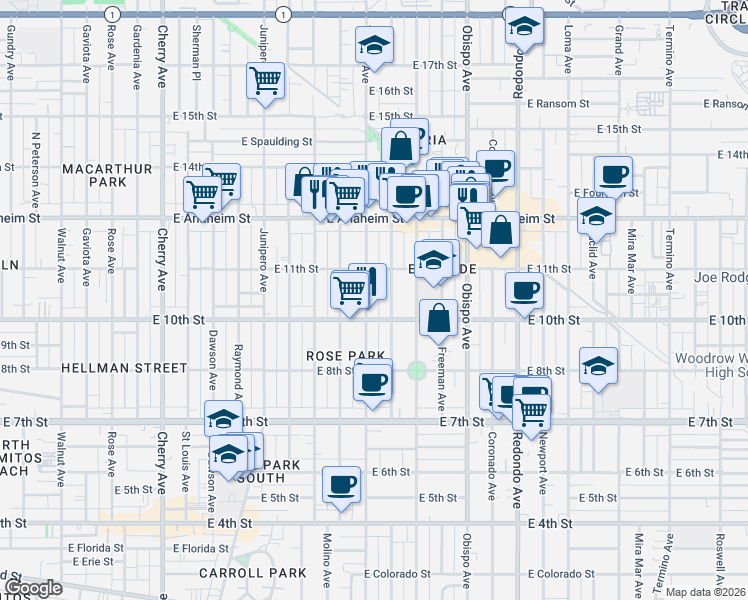 map of restaurants, bars, coffee shops, grocery stores, and more near 1051 Gladys Avenue in Long Beach