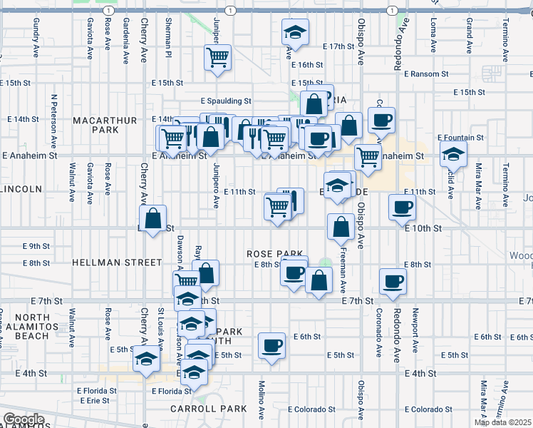 map of restaurants, bars, coffee shops, grocery stores, and more near 1050 Molino Avenue in Long Beach