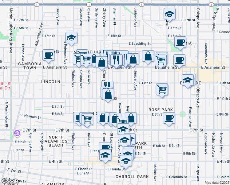 map of restaurants, bars, coffee shops, grocery stores, and more near 1054 Dawson Avenue in Long Beach