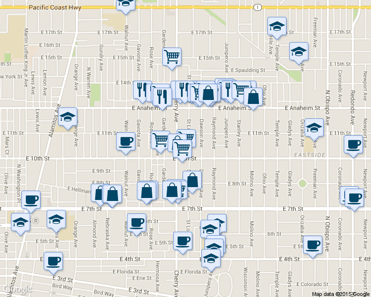 map of restaurants, bars, coffee shops, grocery stores, and more near 1059 Saint Louis Avenue in Long Beach