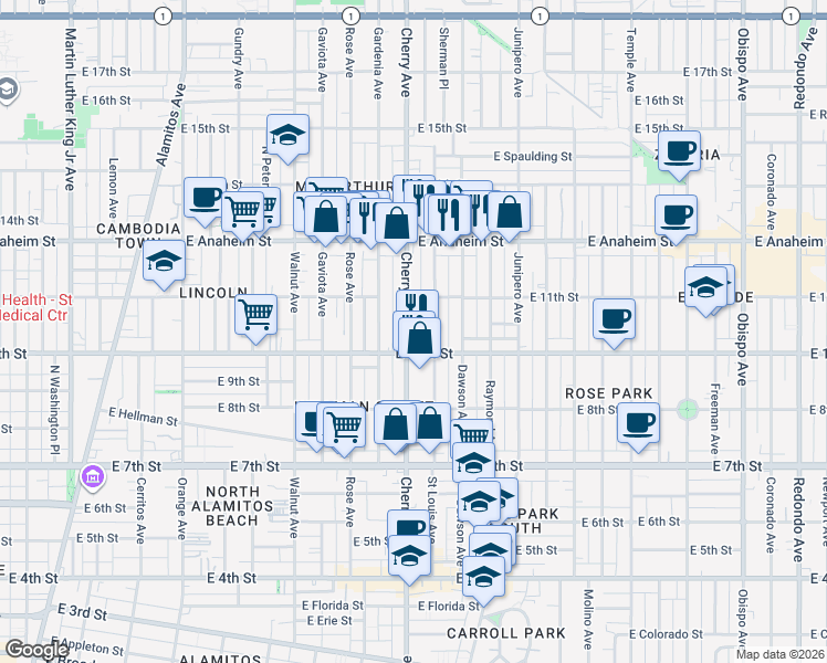 map of restaurants, bars, coffee shops, grocery stores, and more near 1059 Saint Louis Avenue in Long Beach