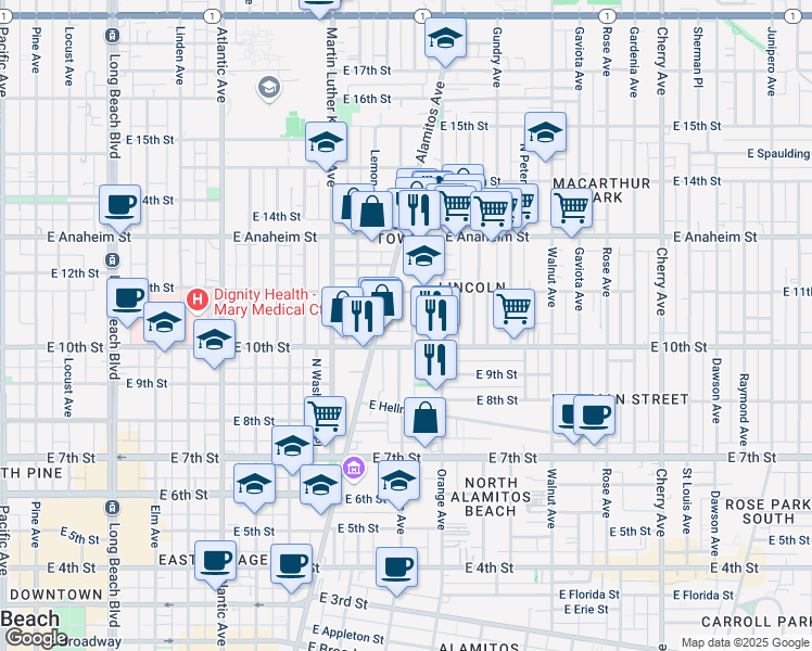 map of restaurants, bars, coffee shops, grocery stores, and more near 1053 Cerritos Avenue in Long Beach