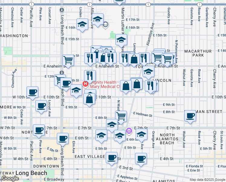 map of restaurants, bars, coffee shops, grocery stores, and more near 1047 Myrtle Avenue in Long Beach