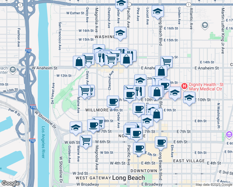 map of restaurants, bars, coffee shops, grocery stores, and more near 1051 Cedar Avenue in Long Beach