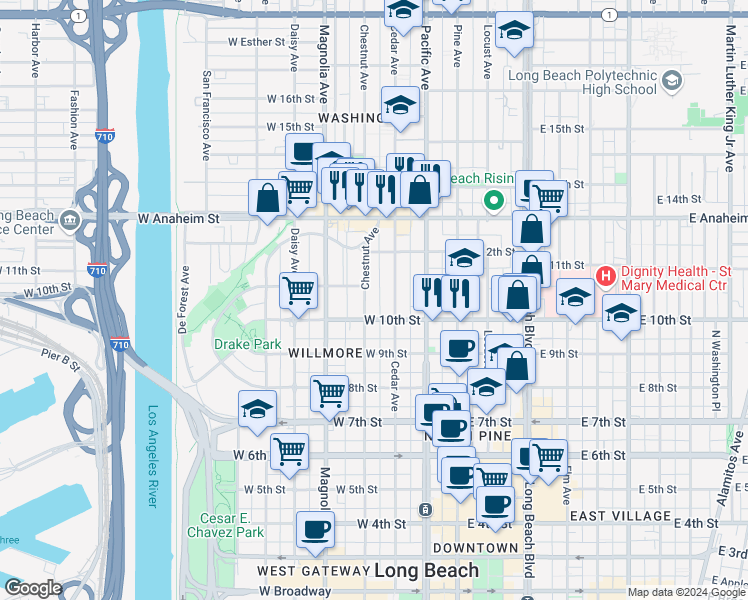 map of restaurants, bars, coffee shops, grocery stores, and more near 1051 Cedar Avenue in Long Beach