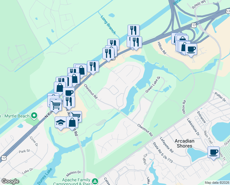 map of restaurants, bars, coffee shops, grocery stores, and more near 9750 Leyland Drive in Myrtle Beach