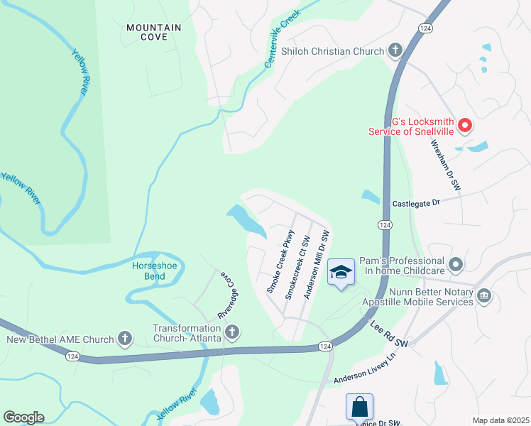 map of restaurants, bars, coffee shops, grocery stores, and more near Benji Trail in Snellville