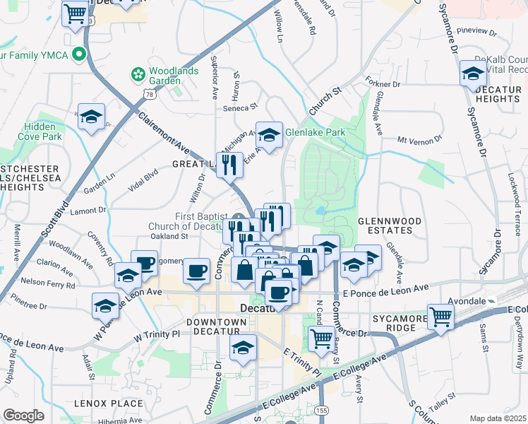map of restaurants, bars, coffee shops, grocery stores, and more near 415 Clairemont Avenue in Decatur