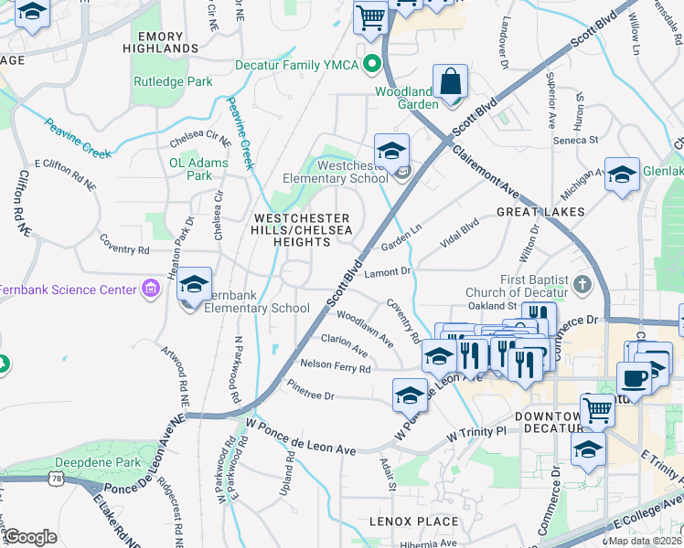 map of restaurants, bars, coffee shops, grocery stores, and more near 520 Scott Boulevard in Decatur