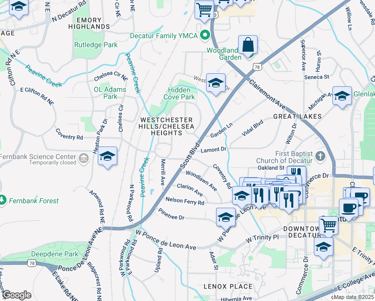 map of restaurants, bars, coffee shops, grocery stores, and more near 512 Scott Boulevard in Decatur