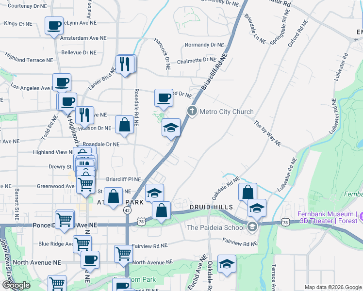 map of restaurants, bars, coffee shops, grocery stores, and more near 949 Briarcliff Road Northeast in Atlanta